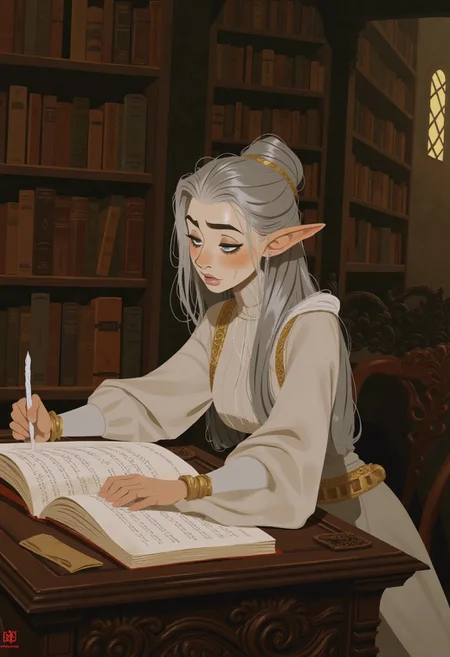 Art by Ilya Kuvshinov, detailed anime-style illustration. A beautiful young female elf with silver hair (long, sleek, shimmering strands) tied in a loose half-up style, delicate pointed elf ears (graceful, not exaggerated). Scholarly and intelligent, she sits at an ornate wooden desk in an ancient medieval library. Her figure is slender with a small chest, dressed in elegant elven robes (soft fabrics, muted gold and ivory tones). Expression: calm but focused, slight frown replaced by contemplative lips, no glasses. Pose: leaning over an open ancient tome, one hand resting on the page, the other holding a quill. Background: towering bookshelves, dusty scrolls, faint magical glow from enchanted tomes. Style: blend of realism and fantasy with soft lighting, intricate details on clothing and library artifacts. Ears emphasized as naturally elven (sharp tips visible through hair, human-like proportions).