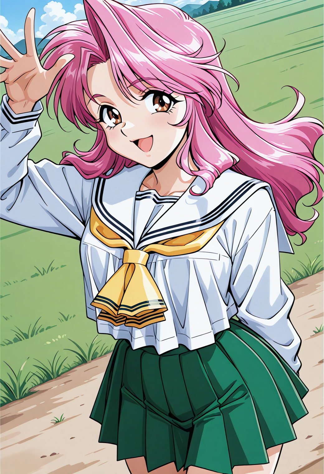 takagi_reiko, brown eyes, pink hair, long hair, school uniform, serafuku, white sailor collar, yellow neckerchief, white shirt, long sleeves, green skirt, pleated skirt, <lora:Graduation_takagi_reiko_illustrious_ver1:0.8> 
smile, open mouth,, masterpiece, best quality, sensitive,, 1girl, solo, blue sky, (grasslands:1.2), looking at viewer,, (cowboy shot, dynamic pose:1.4),
