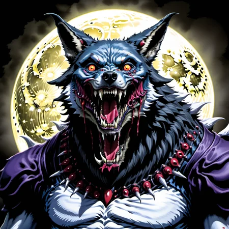 hyper detailed masterpiece, dynamic, awesome quality,ral-jeans, fleshmutant, mouse baer, lycanthropes, mythical creature, humanoid wolf-like form, full moon, hairy furry skin, fangs, wolf ears, wolf-like face, polychromatic,sandstorms,maleficent,uncluttered,social,crisp air,commanding,misconceived,inscrutable,quiet<lora:Fleshmutant_R2:1>
