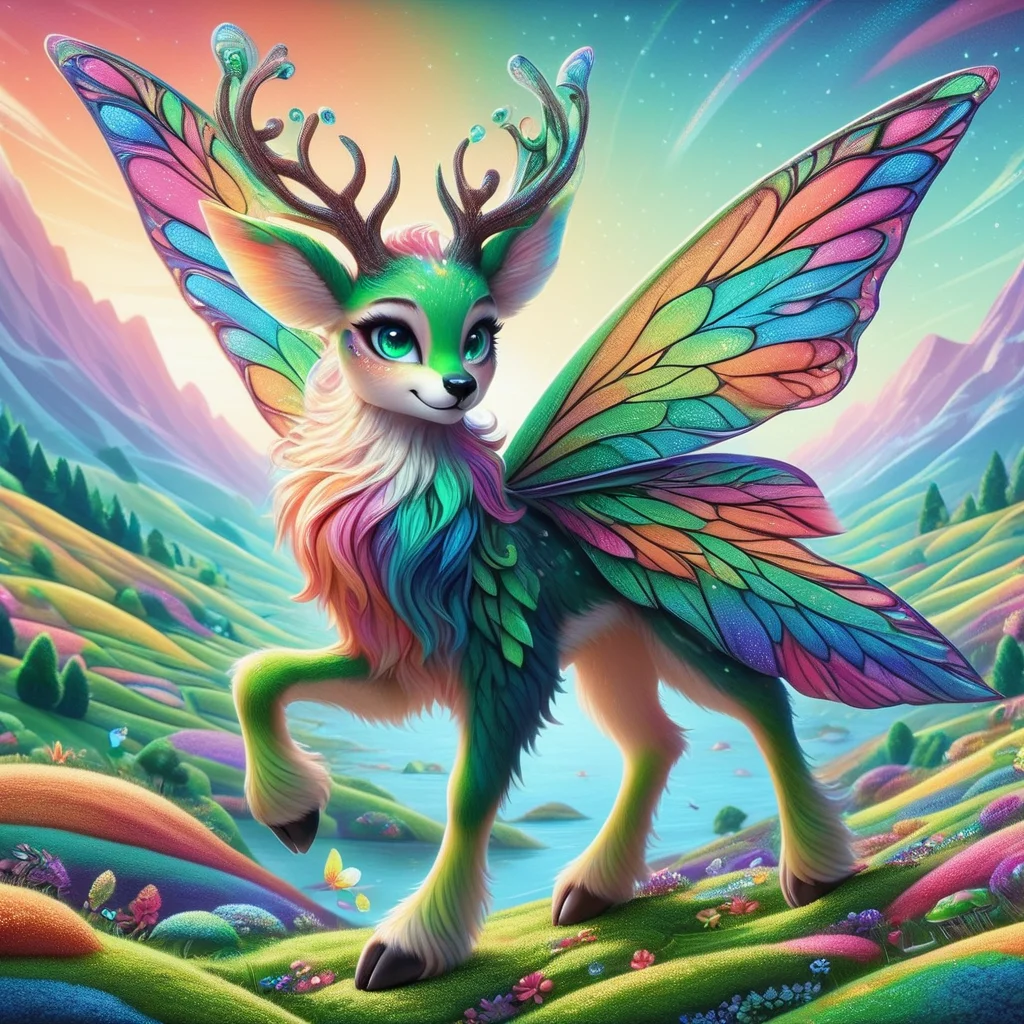 zpdxl2, cr4y0n, fantastical appearance, fairy deer, vibrant landscape, warm to cool sky tones, colorful cartoon, green feathers, gradient colors, colorful <lora:Colorful_Crayons_Pony:1>