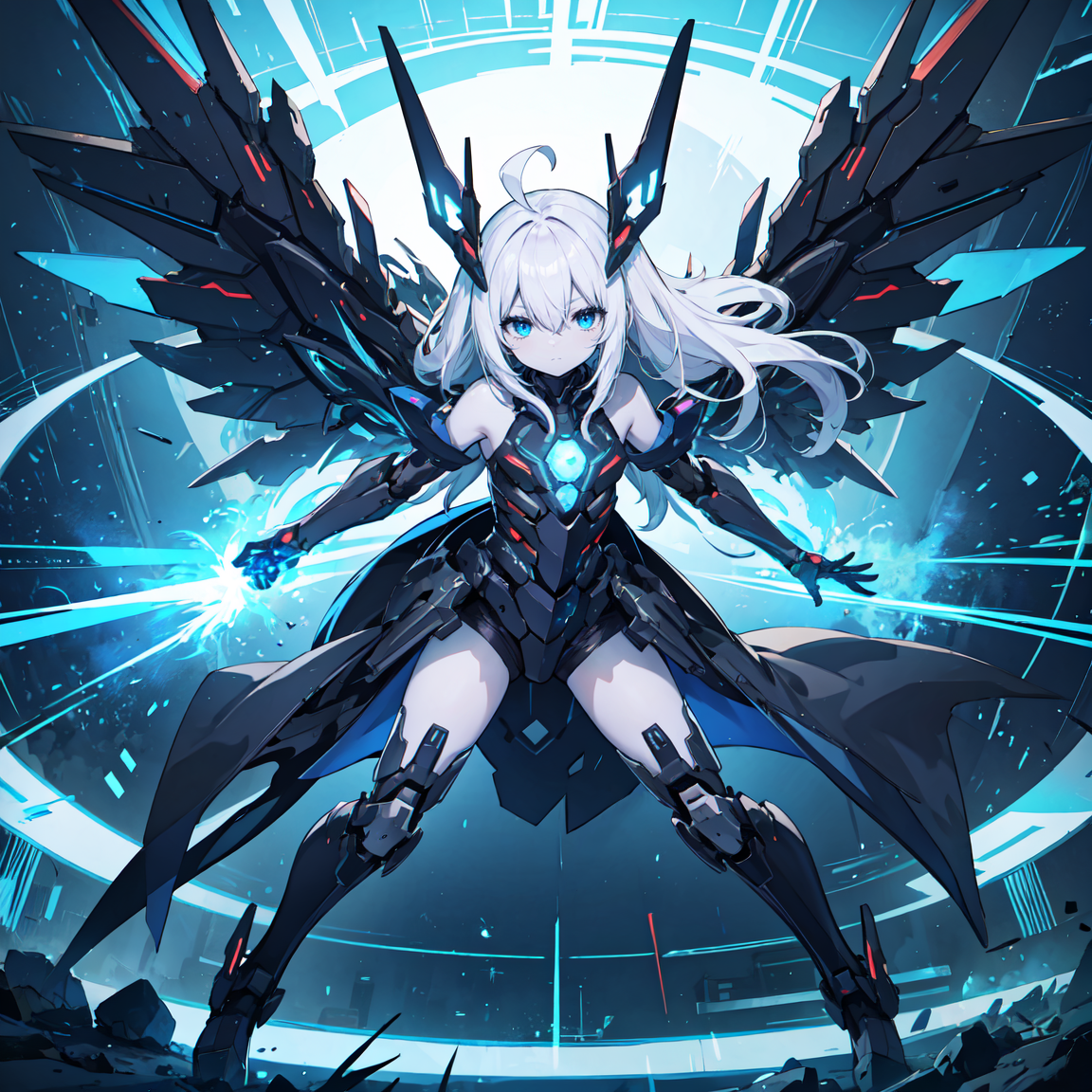 (masterpiece), 1girl, solo, blue eyes, white hair, ahoge, absurdly long hair, pale skin, expressionless, flat chest, hair between eyes, half-closed eyes, futuristic, glow, heavy armored, science fiction, technology, black coat, fighting stance, black boots, blue portal, energy blast, elbow gloves, mechanical wings, mecha musume
