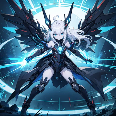 (masterpiece), 1girl, solo, blue eyes, white hair, ahoge, absurdly long hair, pale skin, expressionless, flat chest, hair between eyes, half-closed eyes, futuristic, glow, heavy armored, science fiction, technology, black coat, fighting stance, black boots, blue portal, energy blast, elbow gloves, mechanical wings, mecha musume
