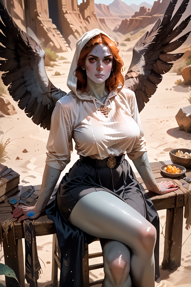 dredd_aasimar, (pin up art of a woman with large massive spread feathered wings, wings on hips, stone skin:1.4), 1girl, solo, desert fantasy temple, best quality, view from above, ass focus, rating_questionable, score_9, score_8_up, score_8, score_9, score_8_up, score_7_up, score_6_up, embedding:zPDXL3, (beautiful winged milf wearing __color__ silk shirt, skirt:1.2), hood, athletic, wide hips, massive tits, (colored skin, Russian face, bronze skin:1.2), Medieval copper hair, sitting on chair crossed legs:1.2), flirty expression, detailed __color__ eyes, w1ngs