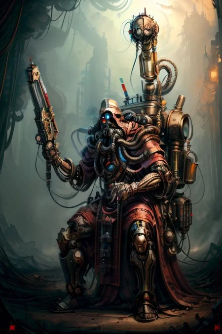 ((masterpiece,best quality)), absurdres, BREAK
mechanical arms, robes, hood, BREAK
((techpriest)), cyborg, mechanical face, mechanical limbs, gas mask, mechanical tentacles, (mechanical backpack), blue cloak, BREAK
1other, solo, holding gun, weapon, gun, firearm, BREAK
(MahabharataPunkAI),
