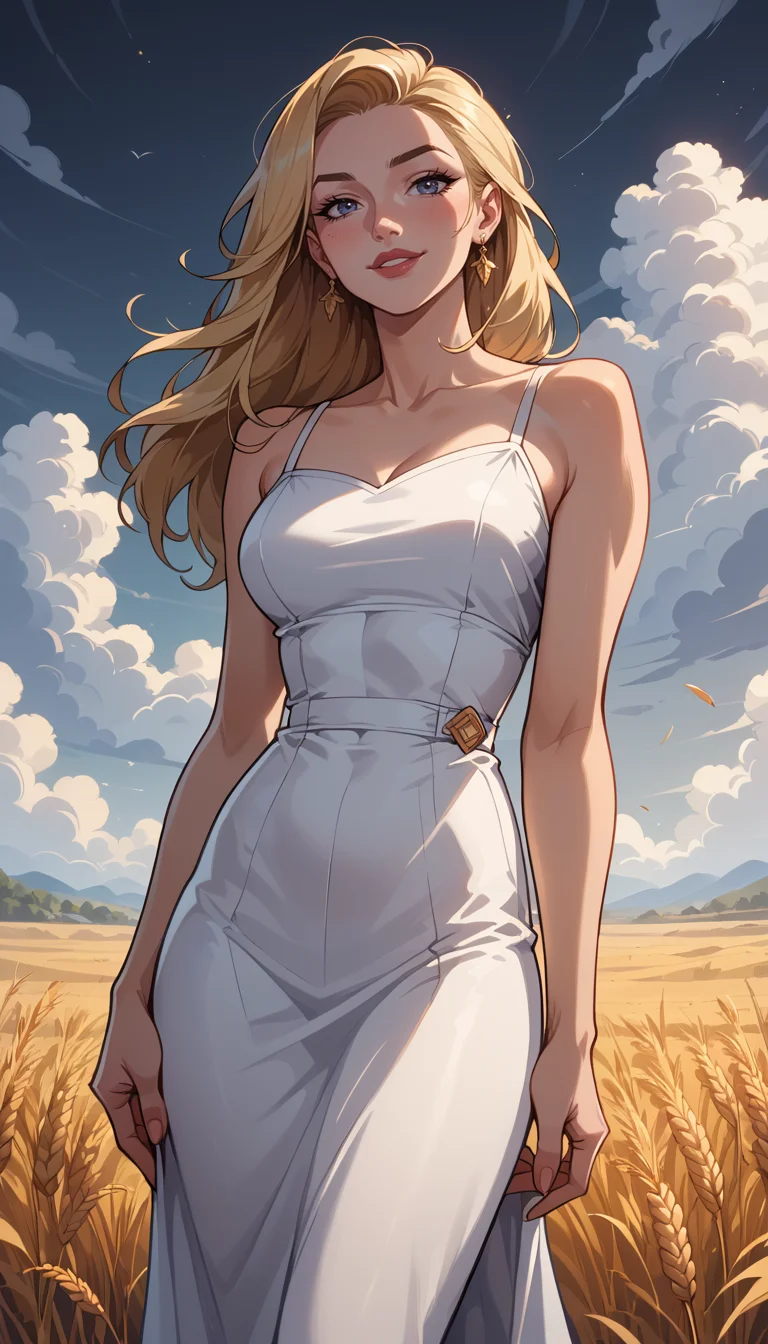 score_9, score_8_up, score_7_up, Western Comics, Cowboy Shot, girl, cute, seductive, innocent, light smile:0.3, plump lips, slender body, in white summer dress, dark storm clouds, wheat fields background, depth of field, dynamic angle, fashion photography, sharp, hyperdetailed:1.15