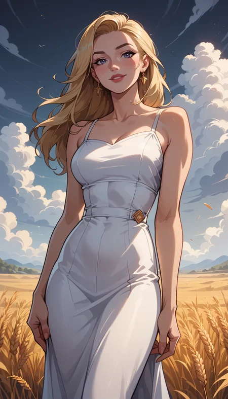 score_9, score_8_up, score_7_up, Western Comics, Cowboy Shot, girl, cute, seductive, innocent, light smile:0.3, plump lips, slender body, in white summer dress, dark storm clouds, wheat fields background, depth of field, dynamic angle, fashion photography, sharp, hyperdetailed:1.15