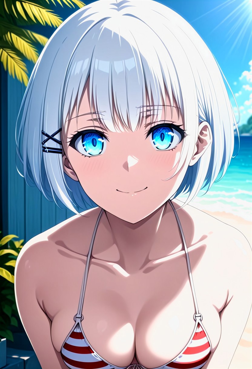 White hair, short hair, blue eyes, xhairclip hairclip, eye catching, siesta, short hair, bangs, blue eyes, hair ornament, white hair, hairclip, smile,
BREAK striped bikini, red bikini, white bikini,
BREAK outdoors,
BREAK looking at viewer, dynamic pose, cowboy shot,
(masterpiece:1.2), best quality, high resolution, unity 8k wallpaper, (illustration:0.8), (beautiful detailed eyes:1.6), extremely detailed face, perfect lighting, extremely detailed CG