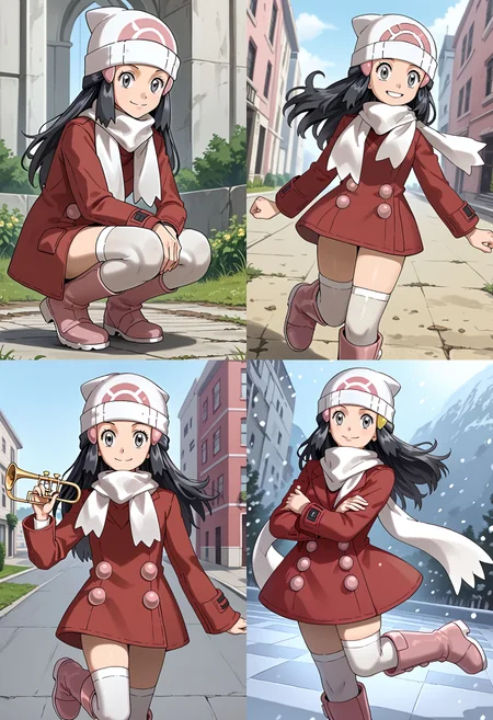 __femalePosesWildcard400_v10/female-poses__,  smile,  outdoors, 1girl, <lora:DawnPony:1> Dawn_Platino, long hair, black hair, grey eyes,  hair ornament, beanie, white headwear, white scarf, red coat, long sleeves, white thighhighs, boots, pink footwear,