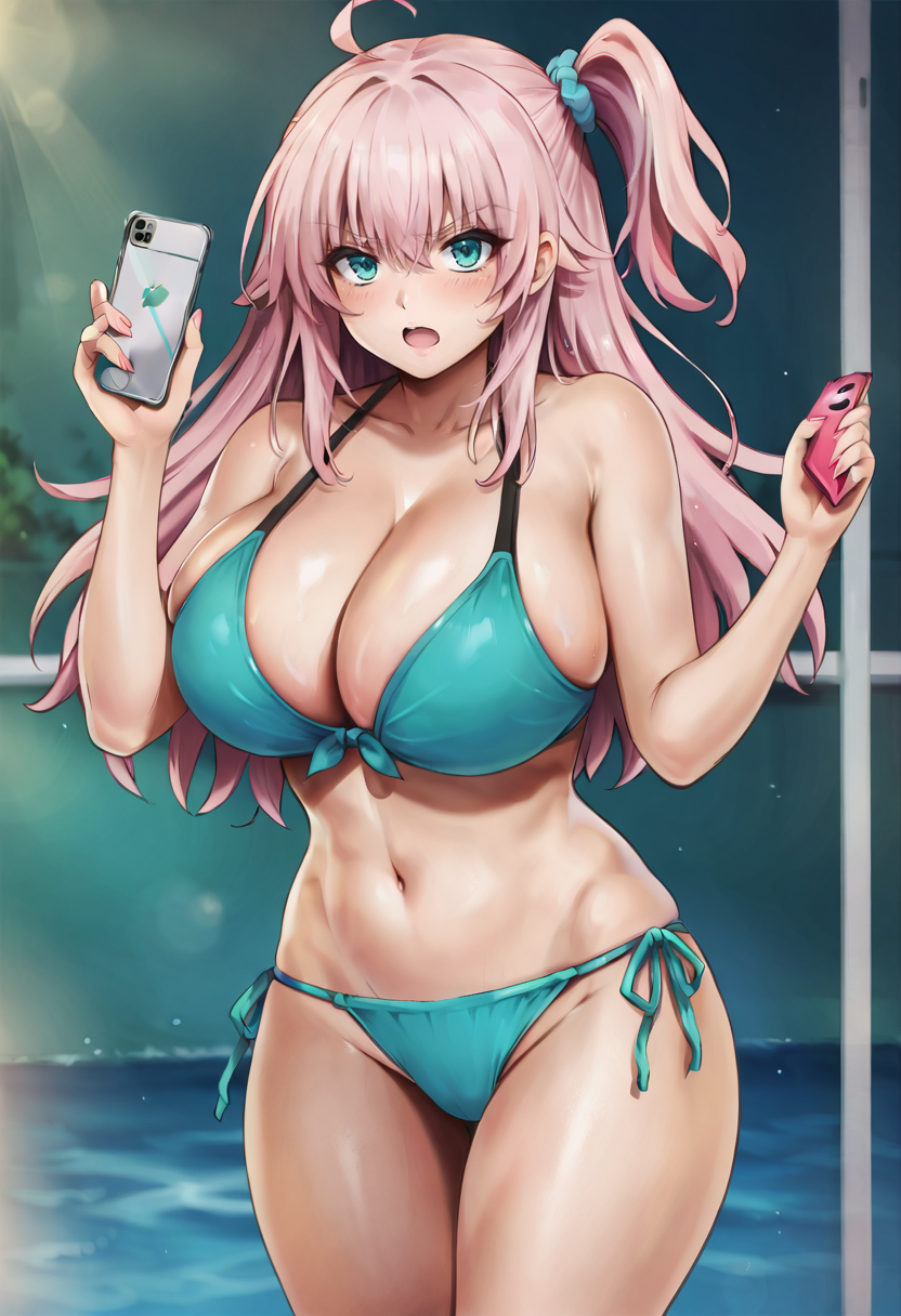 score_9, score_7_up,  1girl, 
huge breasts, wide hips, thick thighs, cleavage, curvy, cowboy shot, v-shaped eyebrows, solo, one side up, side-tie bikini bottom, pink hair, holding phone, blush, collarbone, open mouth, pink nails, phone, swimsuit, looking at viewer, thighs, bare shoulders, hair intakes, green bikini, arm at side, breasts, stomach, ahoge, holding, aqua eyes, bikini, :o
 <lora:cyclone_(reizei)-Style-PonyXL-GLoRA-000045:1>