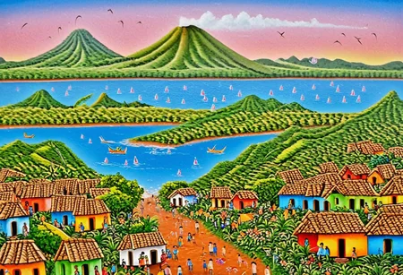 small village with many people in the street, infront of a lake and volcano, birds in the sky, canoes, sunset (Nicaragua Primitivism), high detail