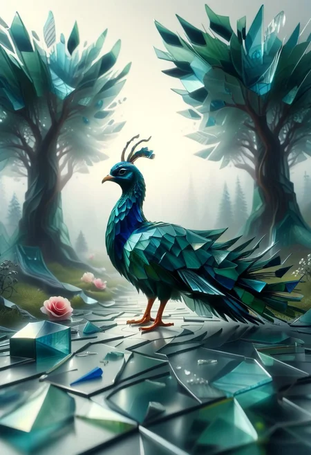 mesmerizing geometric patterns, geometric complexity, The wind , clouds high, tall trees, forest pathways, bloom of roses,(peacock made of mesmerizing geometric patterns of Glass Shard:1.5), open tail, grass. honeycomb, curvilinear
, score_9, score_8_up, score_8_up, masterpiece,super detailed face, super high resolution, FaceDetail, masterpiece-level, highly detailed, intricate details, detailed background, complex background, cinematic, intricately detailed illustration, depth of field, masterpiece, best quality, amazing quality, very aesthetic, absurdres, newest, very awa, shadow, lazympos, lazypos