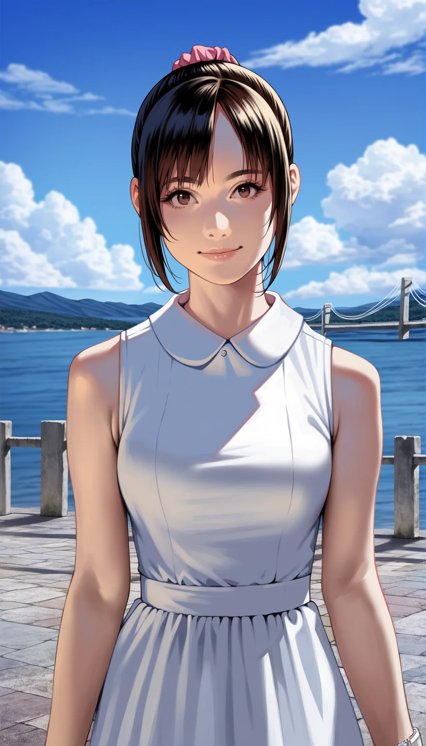 score_9,score_8_up,score_7_up,
highly detailed,highres,photorealism,realistic,
<lora:miiyamotohikari:0.9>,miiyamotohikari,
1girl,solo,black hair,bangs,pink scrunchie,
brown eyes,looking at viewer,smile,
sleeveless white dress,white collar,white wristwatch,upper body,
blurry background,outdoors,beautiful landscape,clear sky,ocean,cloud,pavement,stone lantern,stone steps,sea fence,bridge in the background,distant mountains,summer,