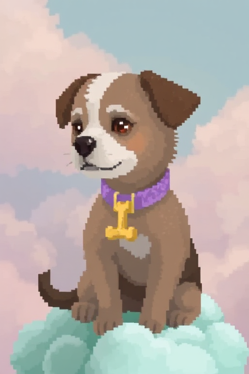 A pixel art of a random dog race with fluffy fur and chocolate-drop eyes, wearing a lavender velvet collar with a golden bone pendant, sits upright on a mint-green cloud. dramatic beauty, otherworldly quality, soft lighting, shallow depth of field, high detail, dynamic composition, cinematic shot, film grain, balanced shadows, harmonic colors, emotional depth, symbolic meaning, innovative props/costumes, timeless elegance, modern themes, iconic imagery, unforgettable moment, captivating beauty, stunning impact, thought-provoking, artistic vision, masterful execution.
Pixel art style, clear drawn in big pixels very well aligned, rich showcase, award-winning craftsmanship. UHD resolution enhances the dynamic, impactful pose for a striking, lifelike result.