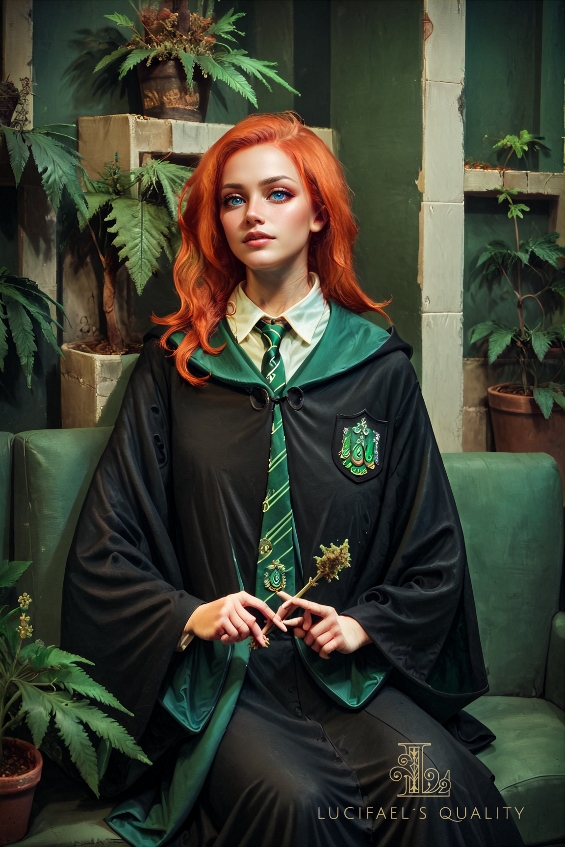 score_9, score_8_up, score_7_up, score_6_up,
marijuana, plant, leaf, potted plant, 1girl, couch, sitting, long hair, ginger hair,
black robe, hood down, wide sleeves, green necktie, diagonal-striped necktie, white shirt, collared shirt, badge
,concept art,realistic,perfect body,highly detailed,delicate and smooth skin, body in motion,<lora:sinfully_stylish_SDXL>,<lora:add-detail-xl:1>,<lora:xl_more_art-full_v1:0.7>,<lora:Concept Art DarkSide Style LoRA_Pony XL v6:1>,<lora:marijuana2XLP:0.6>,<lora:EPRobeSlytherinPDXL:1>,