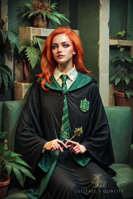 score_9, score_8_up, score_7_up, score_6_up,
marijuana, plant, leaf, potted plant, 1girl, couch, sitting, long hair, ginger hair,
black robe, hood down, wide sleeves, green necktie, diagonal-striped necktie, white shirt, collared shirt, badge
,concept art,realistic,perfect body,highly detailed,delicate and smooth skin, body in motion,<lora:sinfully_stylish_SDXL>,<lora:add-detail-xl:1>,<lora:xl_more_art-full_v1:0.7>,<lora:Concept Art DarkSide Style LoRA_Pony XL v6:1>,<lora:marijuana2XLP:0.6>,<lora:EPRobeSlytherinPDXL:1>,