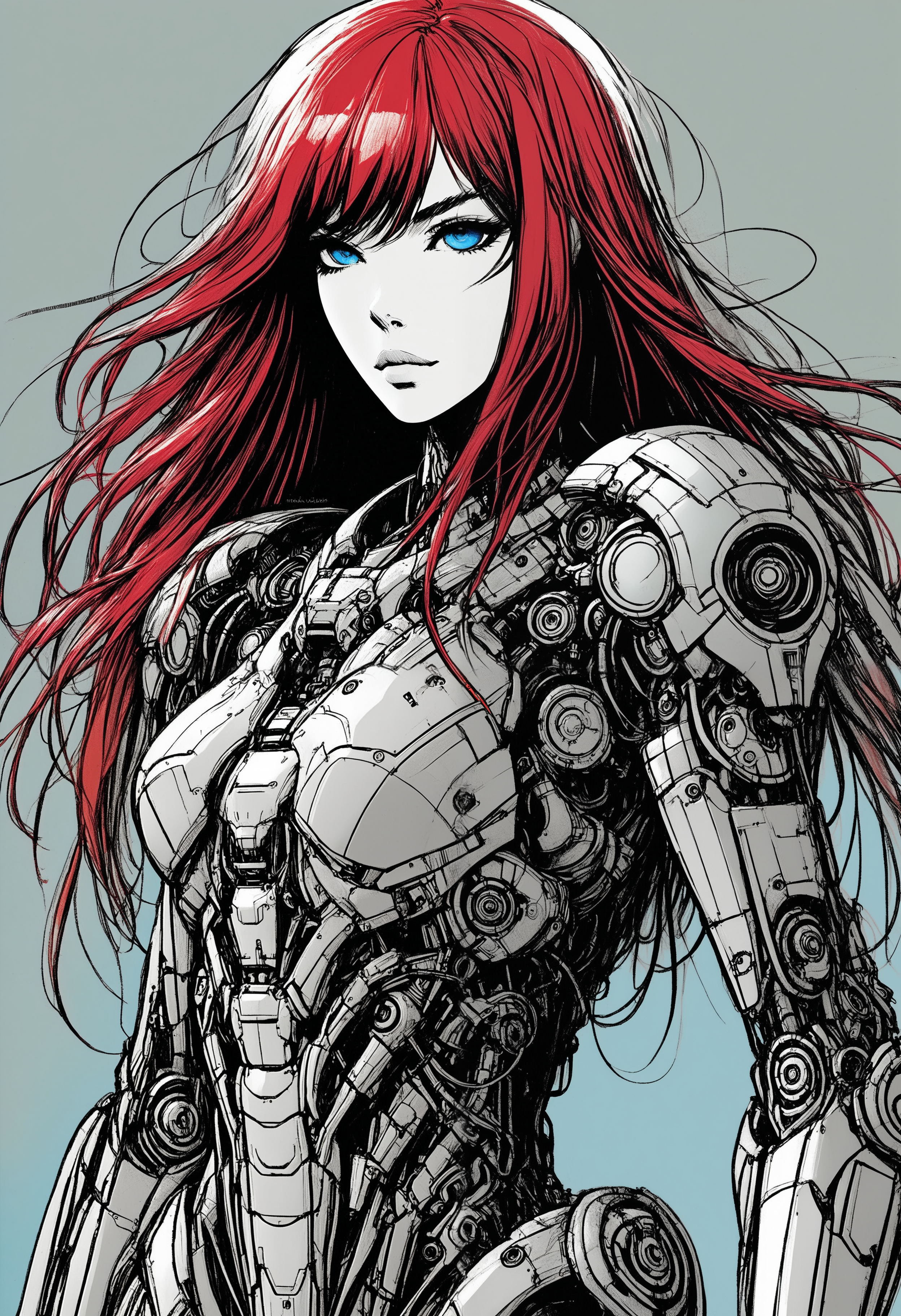 rough sketch, messy lineart, monochromatic, flat color, full body, 1girl, mature, beautiful face, long red hair, blunt fringe, bangs, detailed blue eyes, curvy, thin waist, silver metal body, cyborg, dynamic pose, black background