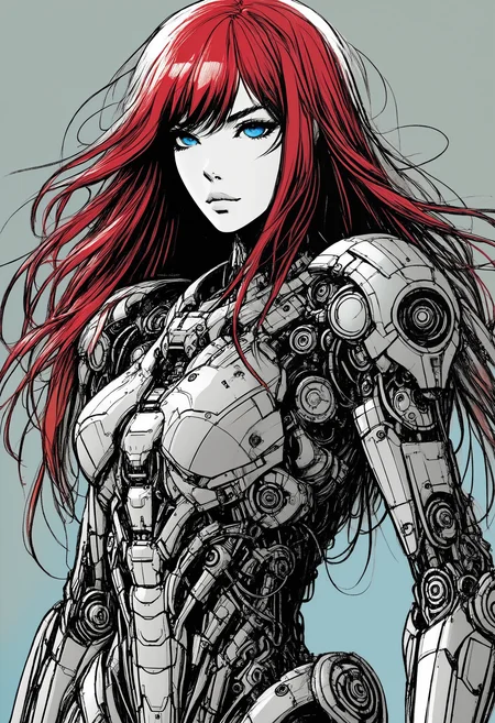 rough sketch, messy lineart, monochromatic, flat color, full body, 1girl, mature, beautiful face, long red hair, blunt fringe, bangs, detailed blue eyes, curvy, thin waist, silver metal body, cyborg, dynamic pose, black background