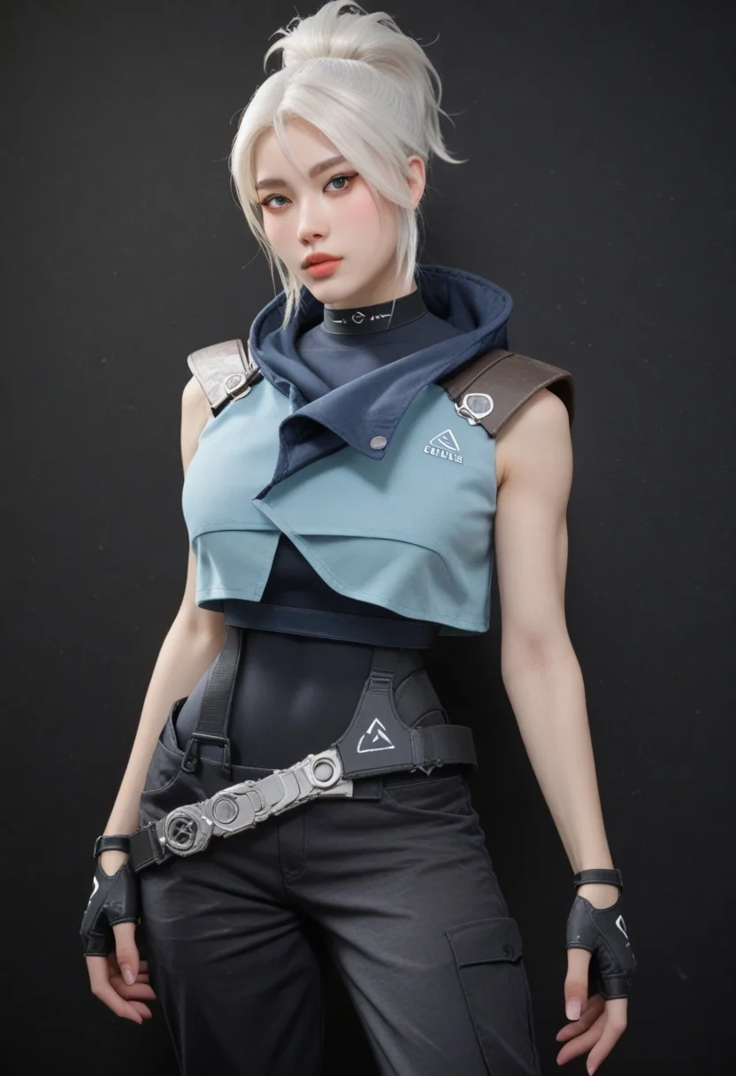 score_9, score_8_up, score_7_up, intricate design, highly detailed, realistic, young lady, sexy mole, 1girl, Korean,valJett, white hair, short ponytail, grey eyes, blue eyes detailed face, high quality, masterpiece, 1girl,korean girl,extremely detailed face,emale beautiful white skin,high detailed skin, dark eyes,jawline,perfect hairline,full lips,black eyeshadow, very pale skin, blush, beautiful sexy women,toned, thighs, short, wide hips, flat stomach, huge breasts, blue jacket, sleeveless, cropped jacket, black bodysuit, belt, black pants, black gloves, fingerless gloves, standing, alternate pose, pose variation, pureerosface_v1, easynegative, Expressiveh, ng_deepnegative_v1_75t, eye catching, drab, spiral print, thighhighs, ng_deepnegative_v1_75t, easynegative, hand, Expressiveh