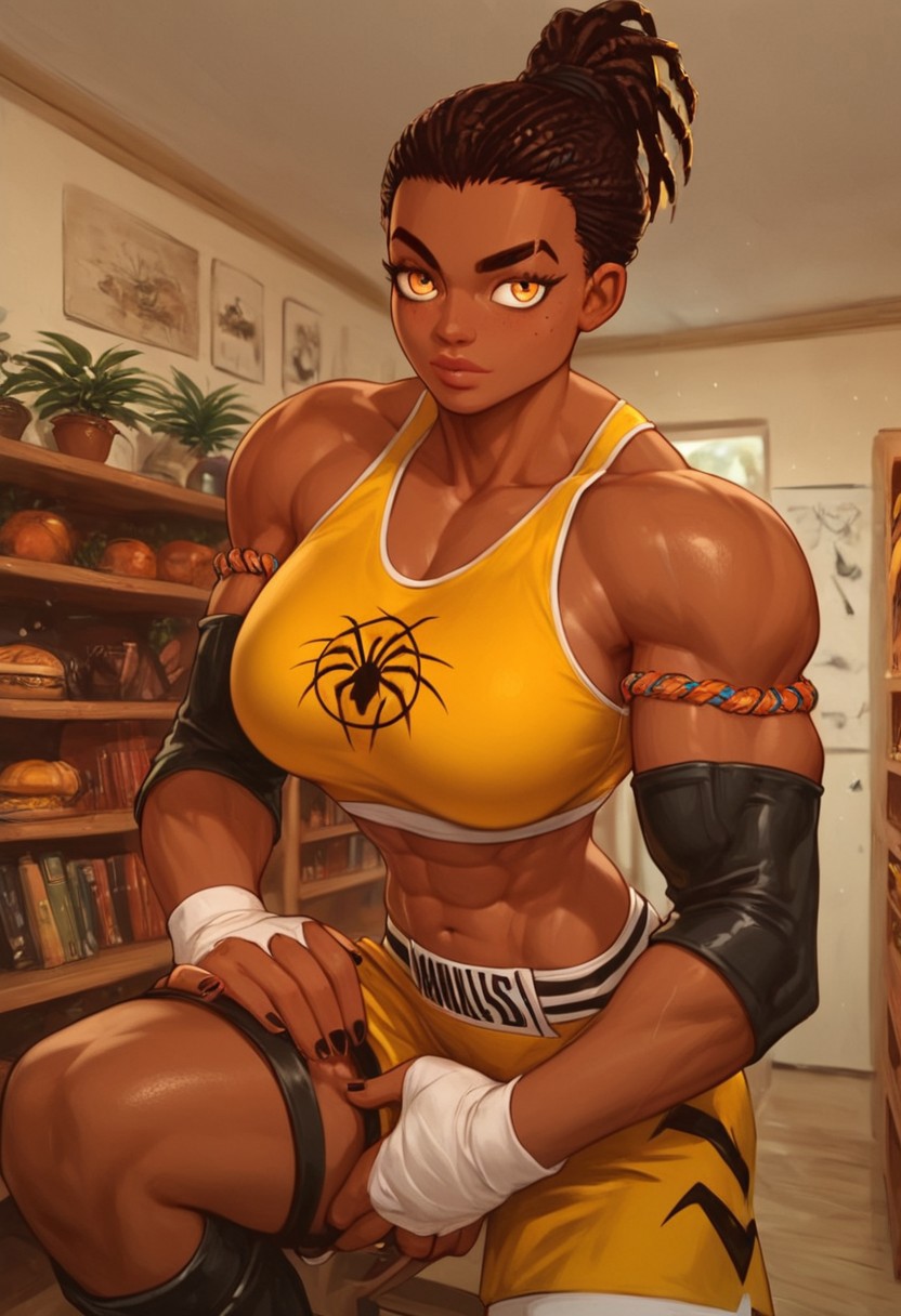 score_9, score_8_up, score_8, score_9_up, DonMC0m1cM4g1cXL, 1girl, solo, Nora Césaire, dark-skinned, amber eye, dreadlocks, braids, ponytail, tank top, shorts, lagging, knee-length black boots, mma gears, hyper muscular, slim waist, wide hips, large breasts, pose, strong