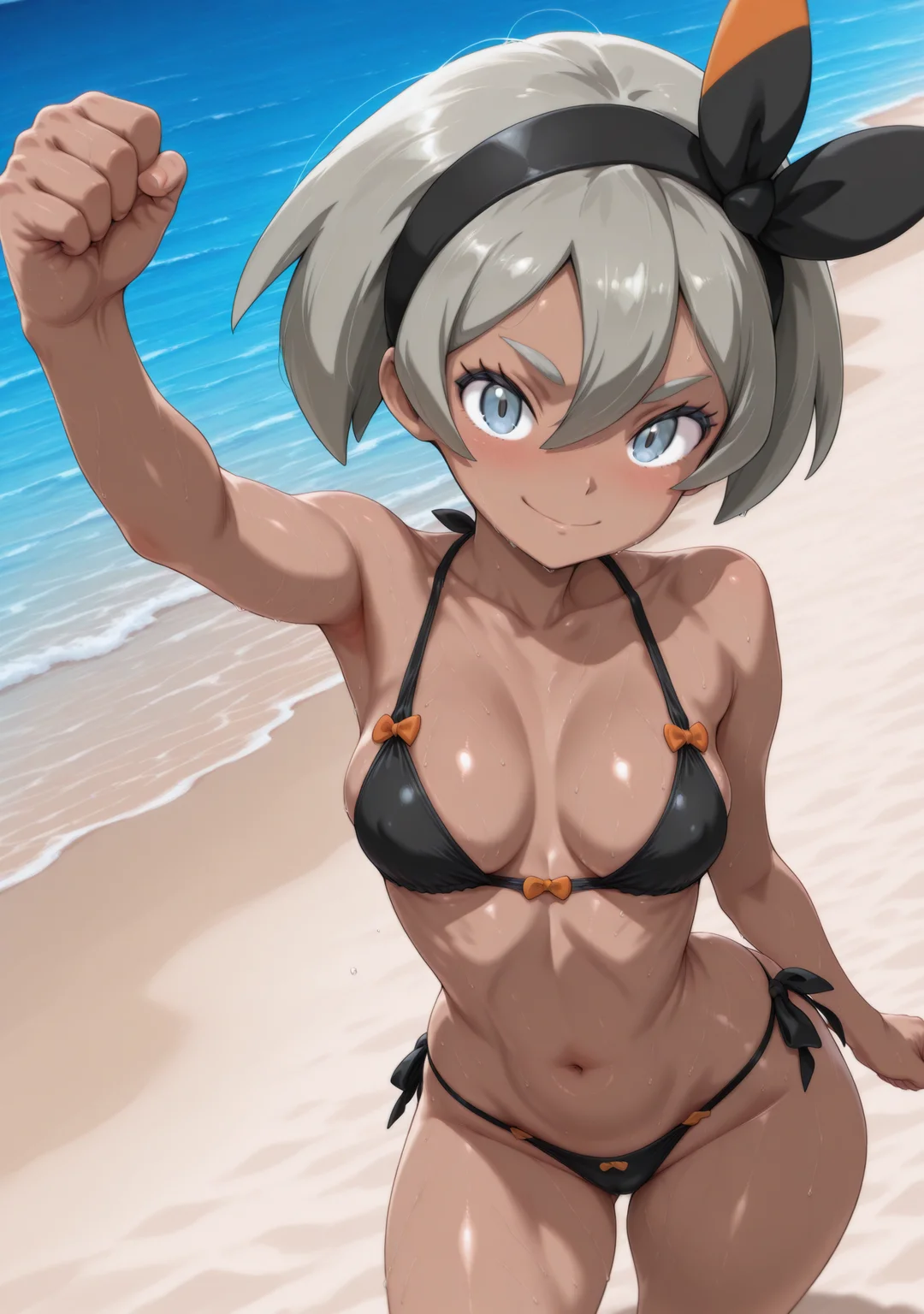 masterpiece,best quality,amazing quality,beach,smile,netostyleb,
1girl,looking at viewer,bikini,bea \(pokemon\),raised fist,<lora:netostyleb:1>,