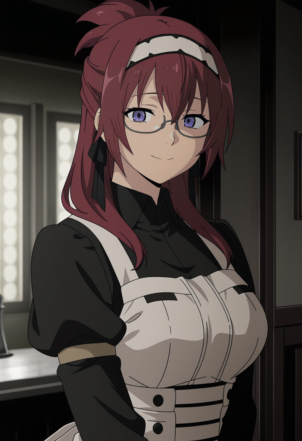 1girl,solo,mm,mature female,red hair,purple eyes,long hair,glasses,anime coloring,
hairband,maid,apron,upper body, looking at viewer, smile,indoors
,masterpiece,best quality,amazing quality,<lora:Lilya_Greyrat-Mushoku_Tensei_ix:0.8>