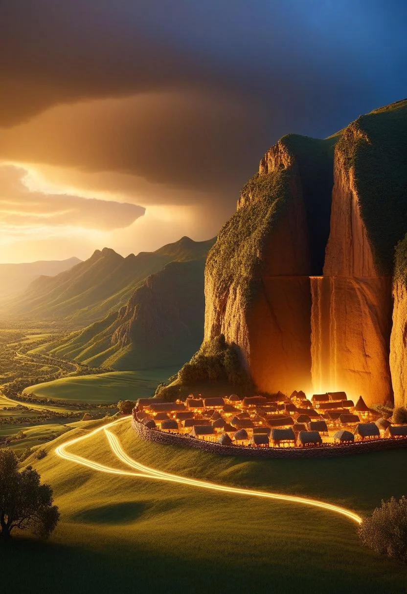 ispzxll, diorama,  miniature, volumetric lighting style, intricate details, stone age village, near a mountain,  view of bluff, dynamic frame, long shadows, golden hour, epic, rainstorm on horizon
