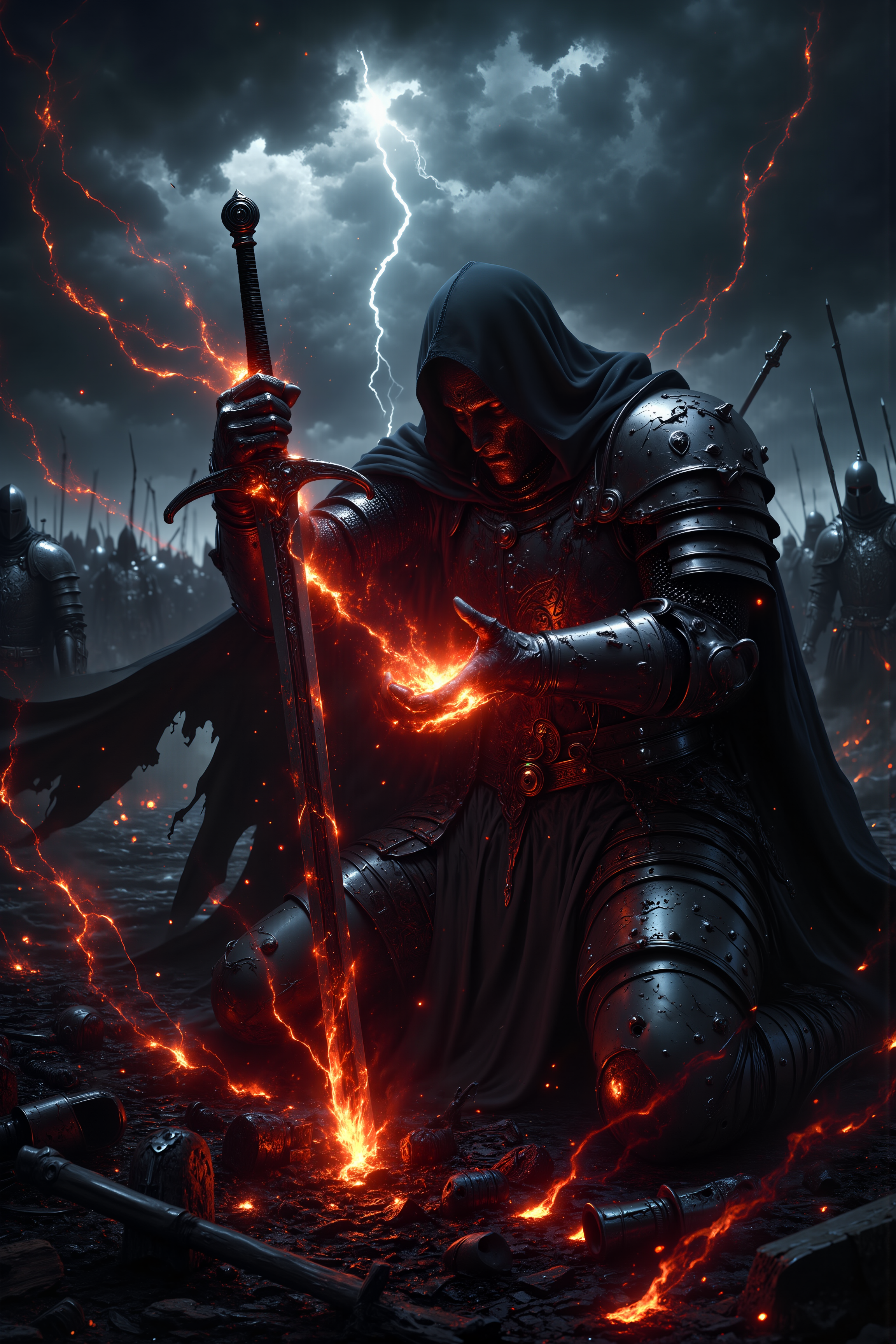 A hyper-realistic portrait, photorealistic photo close-up image of In the heart of a smoldering battlefield littered with the broken weapons of fallen soldiers, a once-noble knight kneels before a shimmering, spectral figure dressed in black armor. The knightâs own armor is battered and scorched, his hands bloodied and shaking as he reaches for the obsidian sword offered to him by the ghostly figure. The sword pulses with a deep crimson light, as though it carries the essence of all the lives taken by it, and the air around it hums with dark energy. The battlefield is eerily silent, the cries of the dying and the clash of steel long gone, replaced by the low, seductive voice of the figure promising the knight endless victory, vengeance, and power. The knightâs face is gaunt and exhausted, his eyes hollow from the weight of the war, and yet thereâs a flicker of hope, a dangerous desire for the strength to end his enemies once and for all. Above, storm clouds gather, swirling ominously as lightning flickers in the distance, casting the scene in harsh, flickering light. Behind the knight, the bodies of his comrades lie forgotten, their sacrifices fading from his mind as he is drawn deeper into the figureâs chilling offer. The sword is so close now, and with one simple choice, the knight knows he will either save or damn his soul forever. (photography, high-resolution, dynamic, energetic,hyper-realistic, dramatic lighting, shallow depth of field.), MythP0rt<lora:DnDDarkestFantasy:0.5><lora:FluxMythP0rtr4itStyle:0.75><lora:Dever_Flux_Enhancer:0.5><lora:Aura_Flux-000010:0.6>