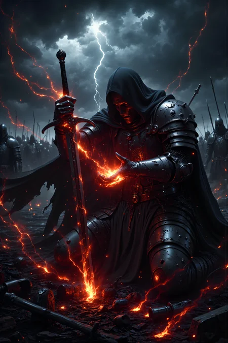 A hyper-realistic portrait, photorealistic photo close-up image of In the heart of a smoldering battlefield littered with the broken weapons of fallen soldiers, a once-noble knight kneels before a shimmering, spectral figure dressed in black armor. The knightâs own armor is battered and scorched, his hands bloodied and shaking as he reaches for the obsidian sword offered to him by the ghostly figure. The sword pulses with a deep crimson light, as though it carries the essence of all the lives taken by it, and the air around it hums with dark energy. The battlefield is eerily silent, the cries of the dying and the clash of steel long gone, replaced by the low, seductive voice of the figure promising the knight endless victory, vengeance, and power. The knightâs face is gaunt and exhausted, his eyes hollow from the weight of the war, and yet thereâs a flicker of hope, a dangerous desire for the strength to end his enemies once and for all. Above, storm clouds gather, swirling ominously as lightning flickers in the distance, casting the scene in harsh, flickering light. Behind the knight, the bodies of his comrades lie forgotten, their sacrifices fading from his mind as he is drawn deeper into the figureâs chilling offer. The sword is so close now, and with one simple choice, the knight knows he will either save or damn his soul forever. (photography, high-resolution, dynamic, energetic,hyper-realistic, dramatic lighting, shallow depth of field.), MythP0rt<lora:DnDDarkestFantasy:0.5><lora:FluxMythP0rtr4itStyle:0.75><lora:Dever_Flux_Enhancer:0.5><lora:Aura_Flux-000010:0.6>