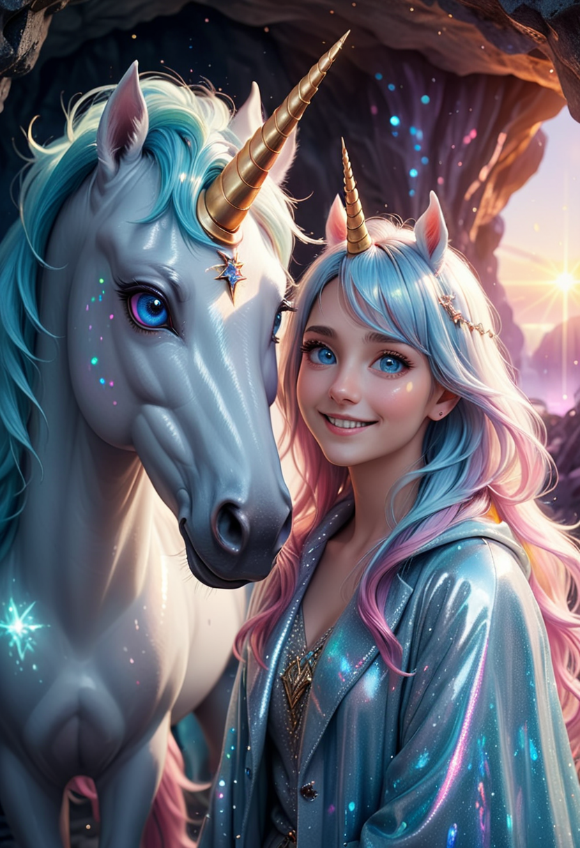 (medium full shot) of (pure delicate unicorn), rainbow eyes, sky blue sparkling coat, short horn, silky mane, magical rune markings ethereal glow, set in  a sparkling crystal cave, with glittering gems, reflective walls, a magical atmosphere, during a sunset, woman smiling, ,Masterpiece,best quality, raw photo, realistic, very aesthetic