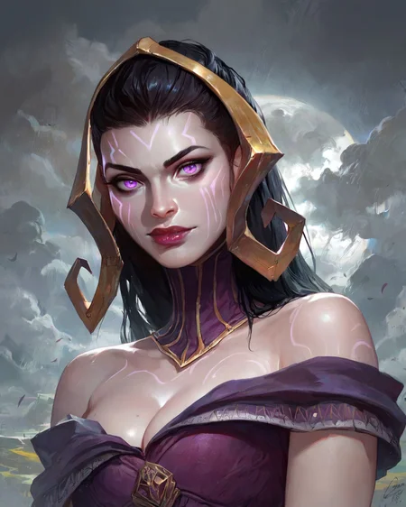 <lora:lilianavess_pny:0.8> lilianavess, 1girl, looking at viewer, black hair, purple eyes, pale skin, lipstick, glowing, facial mark, purple dress, bare shoulders, cleavage, outdoors, overcast, dark, close-up, score_9, score_8_up, score_7_up, score_6_up, score_5_up, score_4_up, ponypositive,