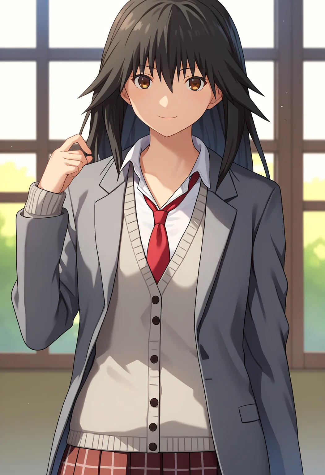 score_9, score_8_up, score_7_up, source_anime, rating_explicit,
BREAK
1girl, solo,
<lora:shiMisakiV1:1> msblazeron, black hair, brown eyes, long hair,
grey jacket, white shirt, school uniform, red necktie, blazer, pleated skirt, plaid skirt, grey cardigan,
looking at viewer, smile,