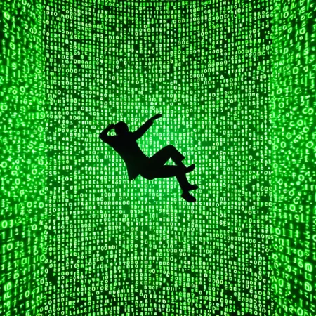 man falling through computer world falling apart into binary code, mid air, falling though air, merge of dream and computer code realms, masterpiece, cinema lighting, modern ink, urbanpunk, aesthetic, matrix style, green numbers and letters
