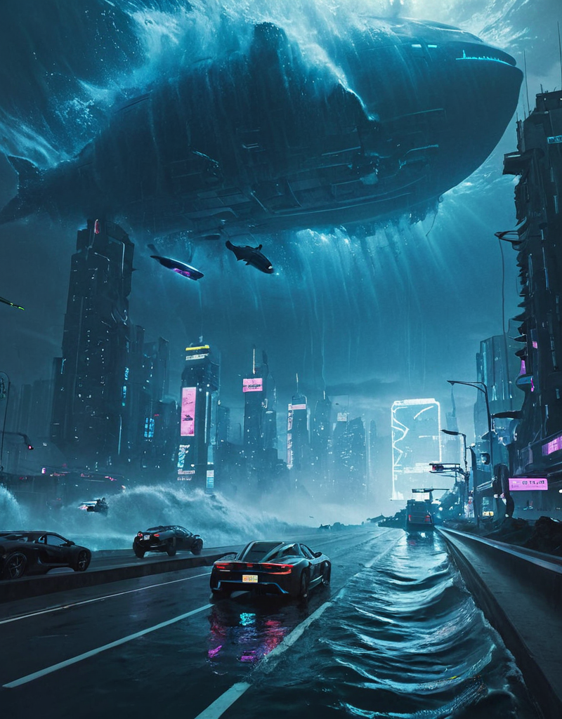 <lora:Space_Worlds_01__Poetic_xl:0.7> sw01p_xl, driving on the highway over a underwater cyberpunk city, giant waves,