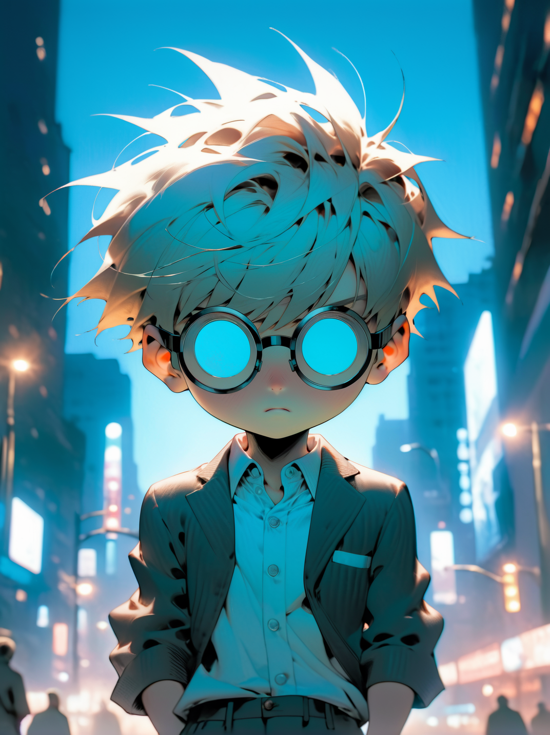 Anime style, ultra detailed, masterpiece, young boy,blond hair moptop bowl cut ,freckles, frowning, white opaque black rimmed glasses, wearing cyan suit with open jacket,brown shoes, holding a raygun,  <lora:add-detail-xl:0.8>