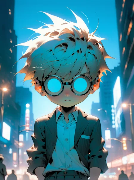 Anime style, ultra detailed, masterpiece, young boy,blond hair moptop bowl cut ,freckles, frowning, white opaque black rimmed glasses, wearing cyan suit with open jacket,brown shoes, holding a raygun, <lora:add-detail-xl:0.8>