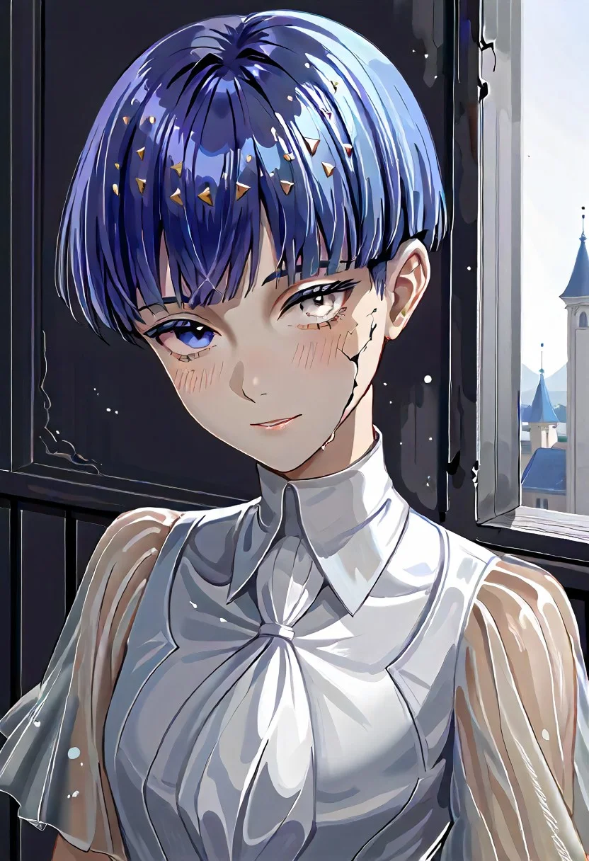 score_9, score_8_up, score_7_up, PhosllXL,androgynous, heterochromia, white eye, blue eye, blue hair, crystal hair, short hair, blunt bangs,golden arms melting, golden arms, see-through sleeves, white bodysuit, <lora:PhosllXL-000010:1.0>