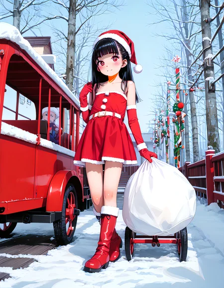 (score_9, score_8_up, score_7_up, highest score, best quality:1.2), zPDXL3, NEGATIVE_HANDS, hi-res. 8k, source_anime BREAK 1girl, flat chest, tiny tits, rory, red eyes, blunt bangs blush, happy BREAK santa_dress. strapless dress, elbow gloves, handless gloves, white belt, santa hat, fur trim santa boots, thighhigh boots BREAK sky, stars, santa sleigh, white sack, sack on ground (outdoors:1.3), sharp colors, perfect hands, perfect eyes, (detailed realistic background:1.3), (high quality:1.1), (ultra detailed:1.4), <lora:pony_good_hands:0.7>, <lora:add-detail-xl:1>, <lora:xl_more_art-full_v1:0.5>, embedding:civit_nsfw