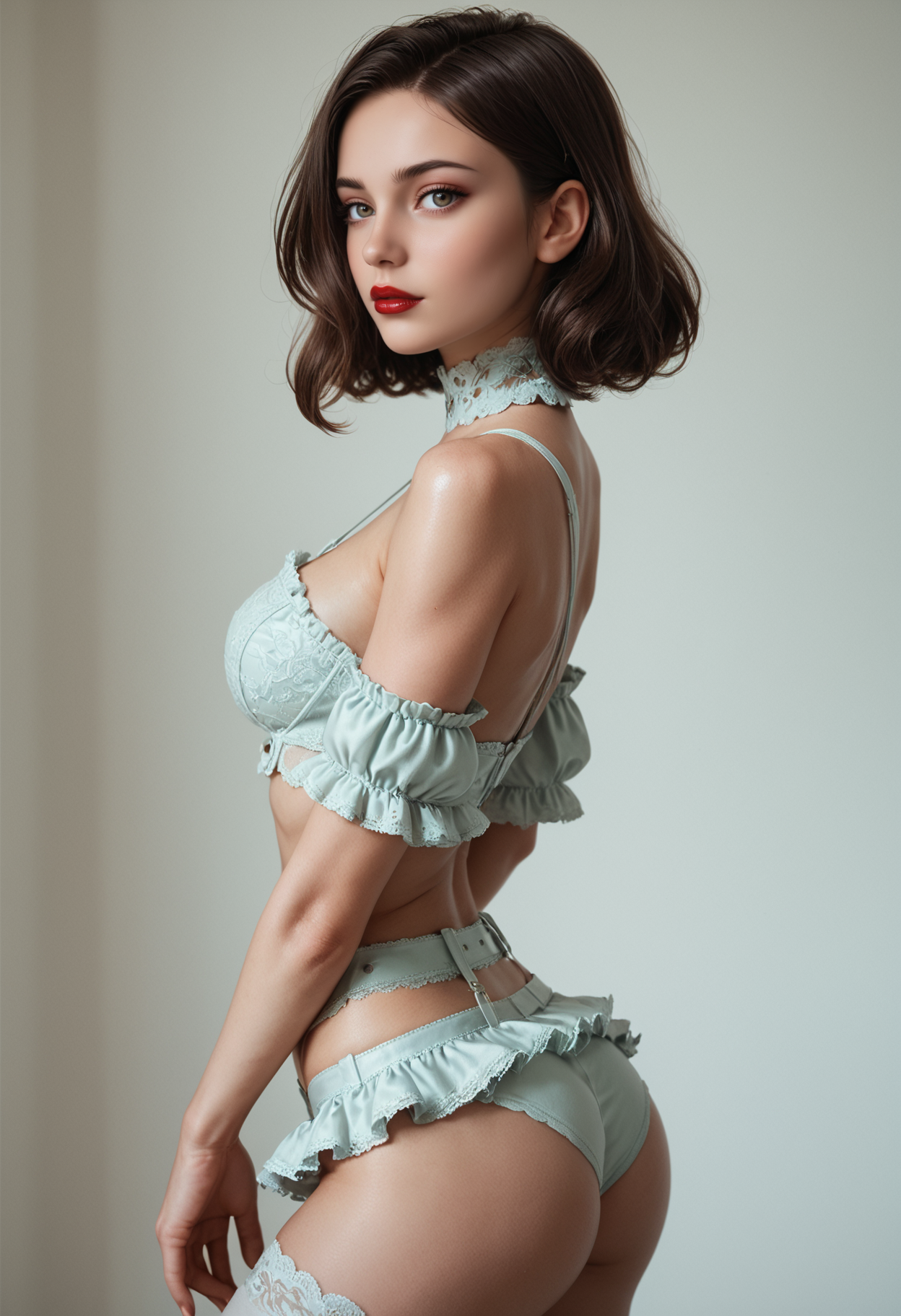 score_9, score_8_up, score_7_up, score_7, score_6_up, score_5_up, a woman wearing reij-rffllngr  <lora:rufflelingerie-000005:1>, pinup posing, sideview, over the shoulder looking to viewer, 2d, animecore