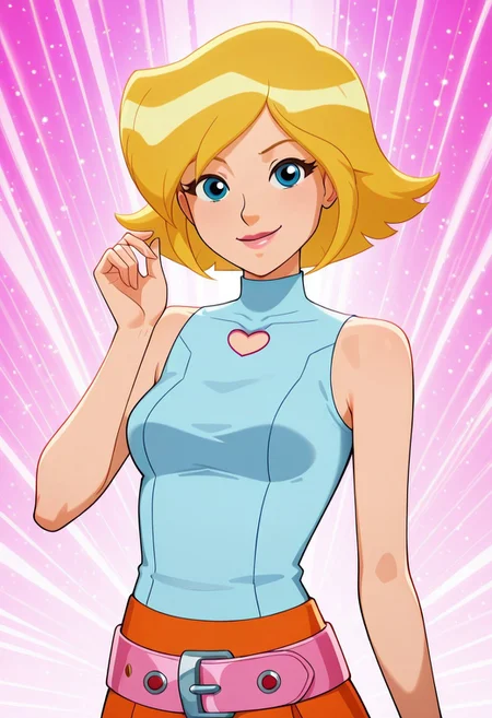 masterpiece, best quality, good quality, 1girl, solo, cartoon, totally_spies_2k24, cl0ver, blonde hair, blue eyes, cyan shirt, sleeveless, turtleneck, heart cutout, orange skirt, pink belt, sexy, medium breasts, beautiful, detailed, high detailed, very beautiful, detailed face, detailed eyes, detailed hand, abstract background, neon, smile, looking at viewer, face focus