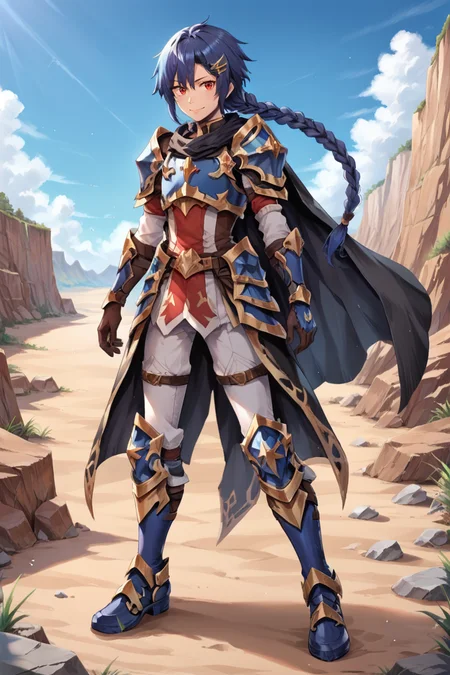 score_9, score_8_up, score_7_up, source anime, BREAK, <lora:Claire__Colt:0.75>, Cbase, Calt, red eyes, 1boy, blue hair, long hair, low-tied long hair, low-braided long hair, single braid, braided ponytail, braid, armor, blue armor, clothes under armor, layered shirt, shirt under armor, layered legwear, white sleeves, white pants, single pauldron, blue pauldron, cape, black cape, hairclip, yellow hairclip, layered gloves, armored gloves, gloves, armored boots, blue boots, smile, looking at viewer, full body, <lora:m4gXLP:0.5> , m4g, (solo), outdoors, exterior, day, desert, overlook, canyon, scenery, <lora:backgroundsetXL:0.2> , background,