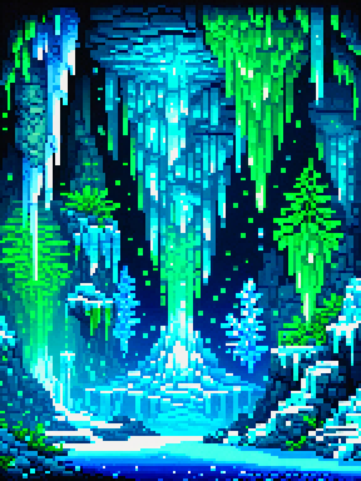 yamer_pixel_fusion, pixel art, In the dim glow of phosphorescent crystals, a stalactite-adorned cave unveils its ethereal charm, with intricate rock formations resembling frozen waterfalls, while ancient glyphs tell stories of forgotten worlds, <lora:Pixel_Fusion_LORA:1>