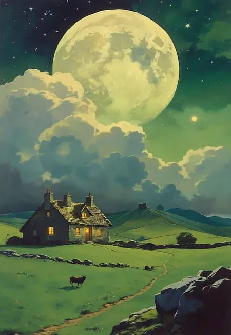 Towering clouds backlit by the moon above green irish pastures with low stone walls. The glouds part to give view to a peculiar constellation. Jupiter and its moons clearly visible. A lone hut stands on a hill - a lone man watching the sky.
, VHS screen grab, grainy, old footage, in the style of an old 80's VHS dark fantasy, VHS screen grab, grainy, old footage