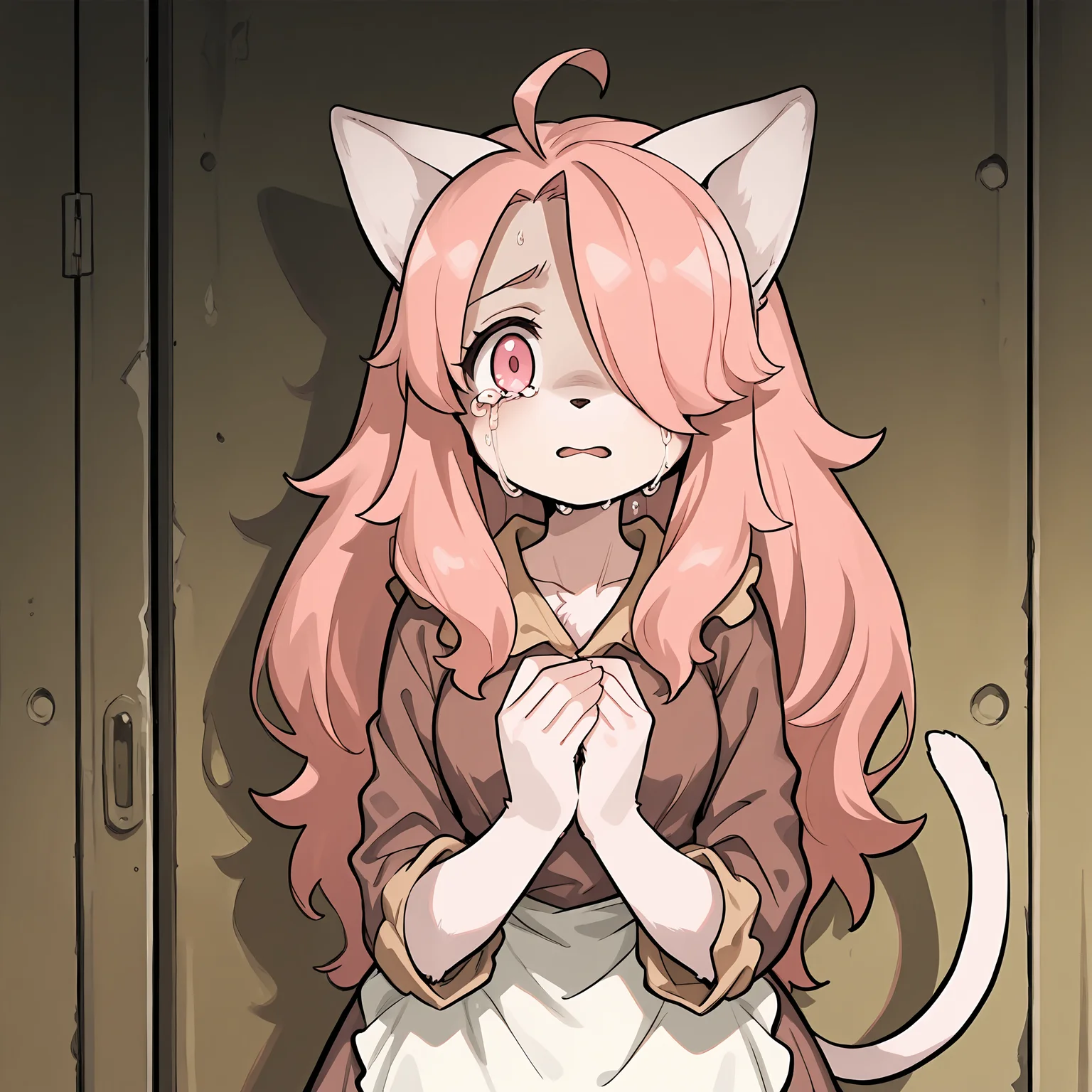 BREAK, <lora:Hanna_Fondant:1>, hanna fondant, fuga: melodies of steel, kemono, furry female, young female, 1girl, cat girl, white fur, pink eyes, pink hair, long hair, ahoge, hair over one eye, animal ears, cat ears, cat tail,
BREAK, Fuga 1 Outfit, brown dress, white apron,
BREAK, solo, half body, hands together, scared, tears, crying, narrowed eyes, fear, hands together, looking at viewer,