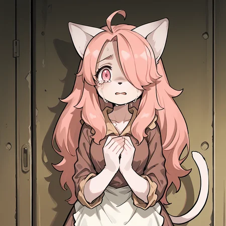 BREAK, <lora:Hanna_Fondant:1>, hanna fondant, fuga: melodies of steel, kemono, furry female, young female, 1girl, cat girl, white fur, pink eyes, pink hair, long hair, ahoge, hair over one eye, animal ears, cat ears, cat tail,
BREAK, Fuga 1 Outfit, brown dress, white apron,
BREAK, solo, half body, hands together, scared, tears, crying, narrowed eyes, fear, hands together, looking at viewer,