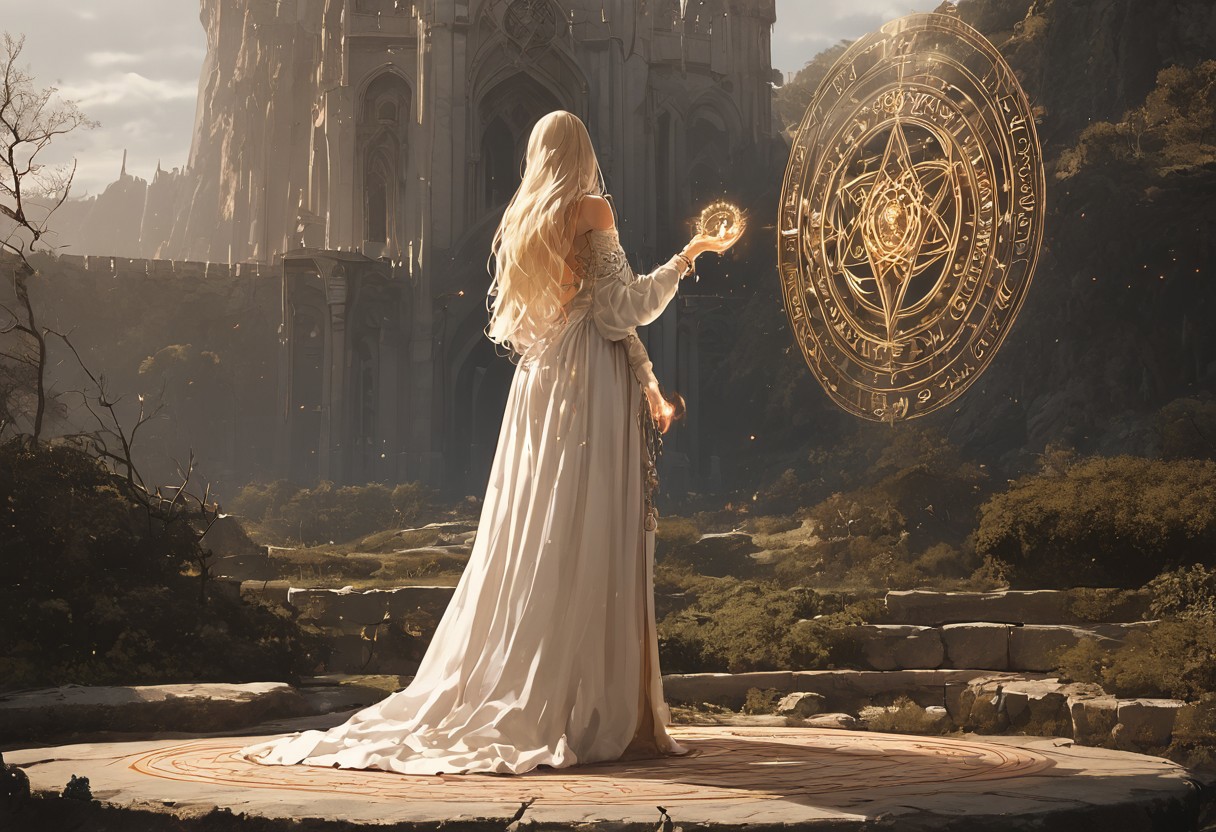 score_9, score_8_up, score_7_up, High Fantasy style, a cinematic shot of a beautiful sorceress woman in a castle, jewellery, best quality, white silk dress, white blonde hair, otherworldly, magical landscape,<lora:eldringpxl:0.8>, eldringpxl, full body, spell circle, magic array, magic circle, reflective light, HD, masterpiece, best quality, hyper detailed, ultra detailed