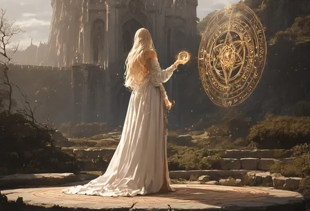 score_9, score_8_up, score_7_up, High Fantasy style, a cinematic shot of a beautiful sorceress woman in a castle, jewellery, best quality, white silk dress, white blonde hair, otherworldly, magical landscape,<lora:eldringpxl:0.8>, eldringpxl, full body, spell circle, magic array, magic circle, reflective light, HD, masterpiece, best quality, hyper detailed, ultra detailed