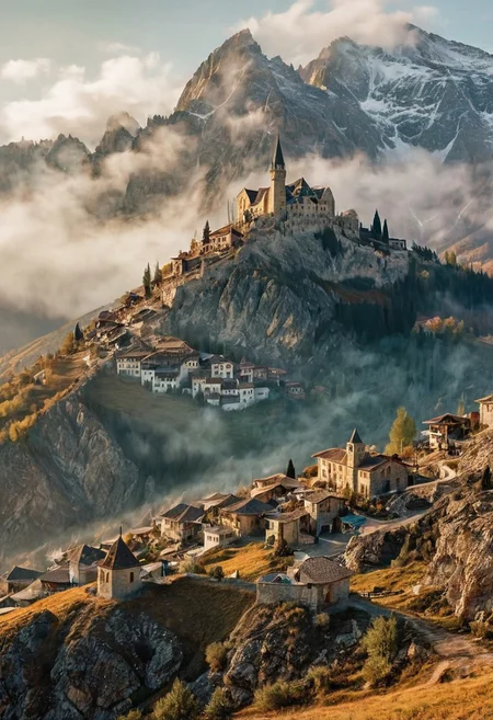 their peaks veiled in mist. mixed media, surrealism, great lighting, A surreal landscape highly detailed . extremely high-resolution details, appears trapped in an optical illusion of reflections and refractions colorful , mountains and village in Turkey, professional photography, natural lighting, volumetric lighting maximalist. intricately detailed, complex, elegant, expansive, fantastical, film photography style, medium grain