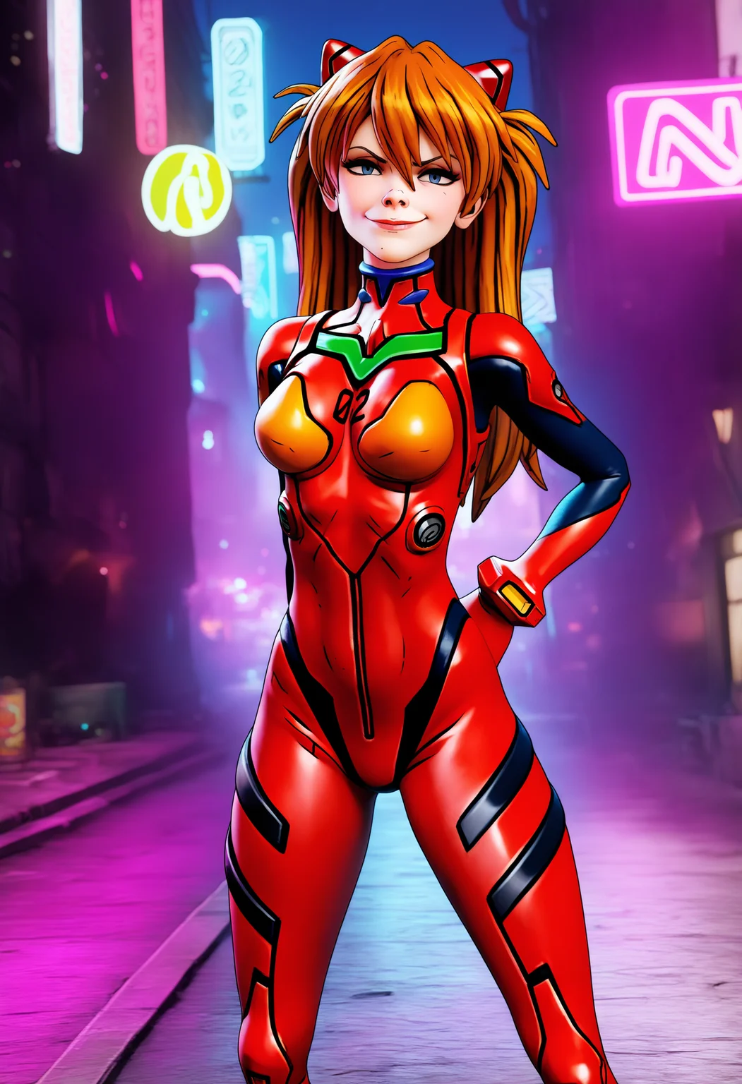 best quality, amazing quality, very aesthetic, absurdres,
1girl, asuka langley, red plugsuit, standing, smug, looking at viewer, futuristic background, neon light , buildings, night, <lora:BorderlandsNoobLocon_byKonan:1>
