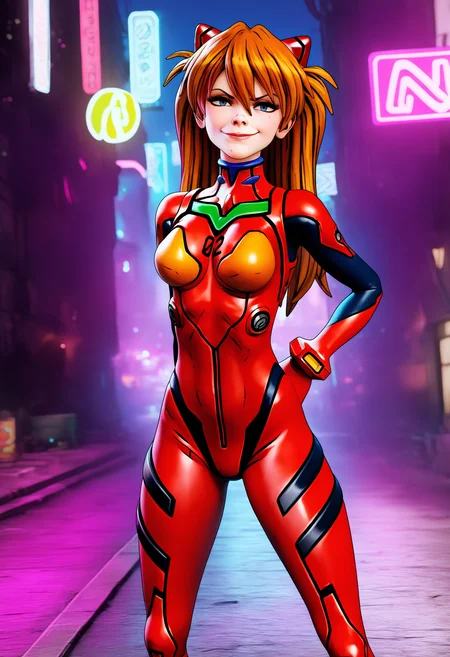 best quality, amazing quality, very aesthetic, absurdres,
1girl, asuka langley, red plugsuit, standing, smug, looking at viewer, futuristic background, neon light , buildings, night, <lora:BorderlandsNoobLocon_byKonan:1>