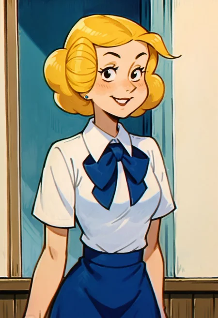 score_9, score_8_up, score_7_up, alice mitchell, white blouse with a blue ribbon, blue skirt, looking at viewer, smile